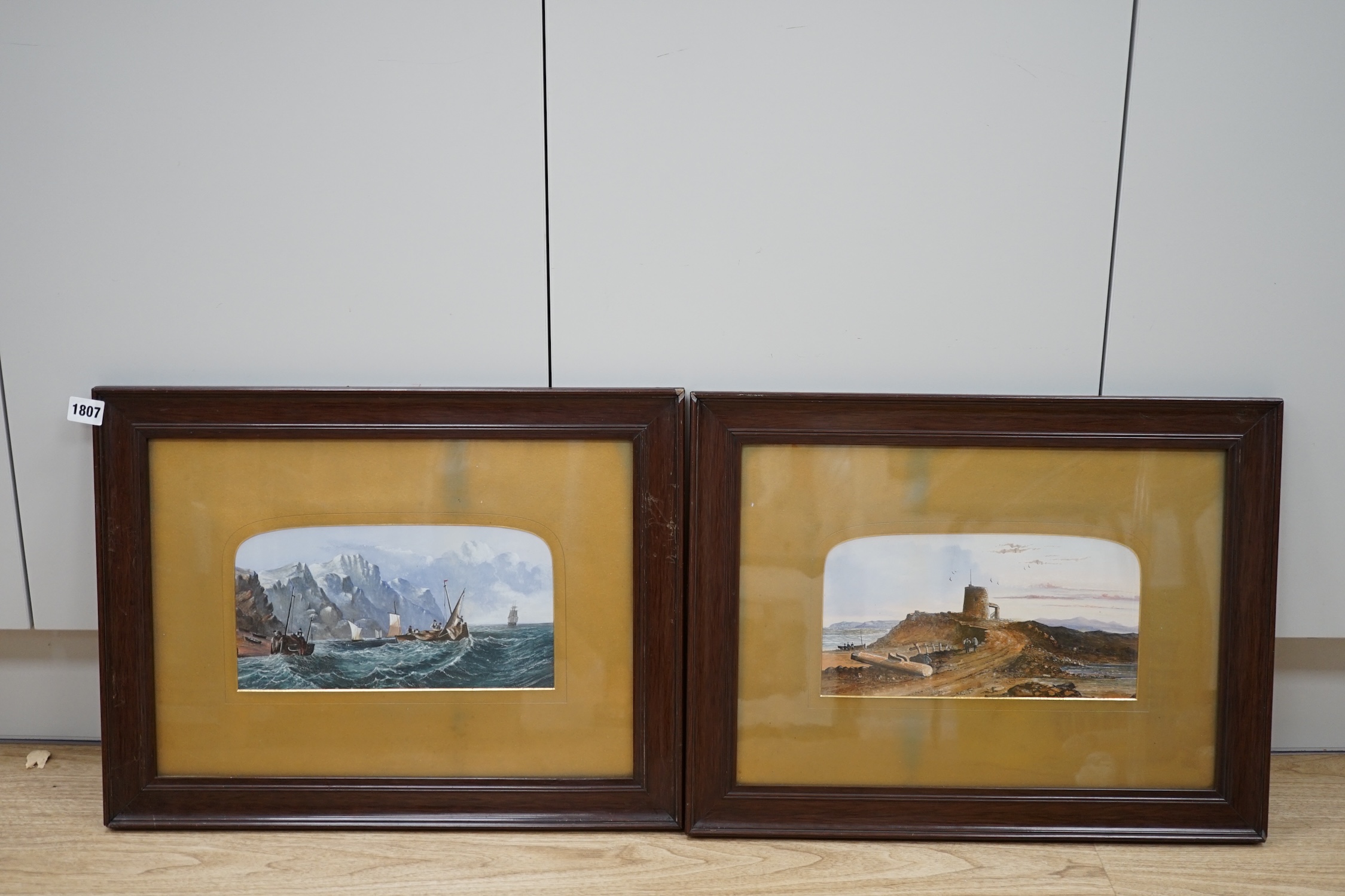 19th century, pair of gouaches, Coastal views including ‘Martello Tower near Hastings’, unsigned, together with British Empire Exhibition, May 1925 letter, unsigned, each 15 x 29cm. Condition - fair